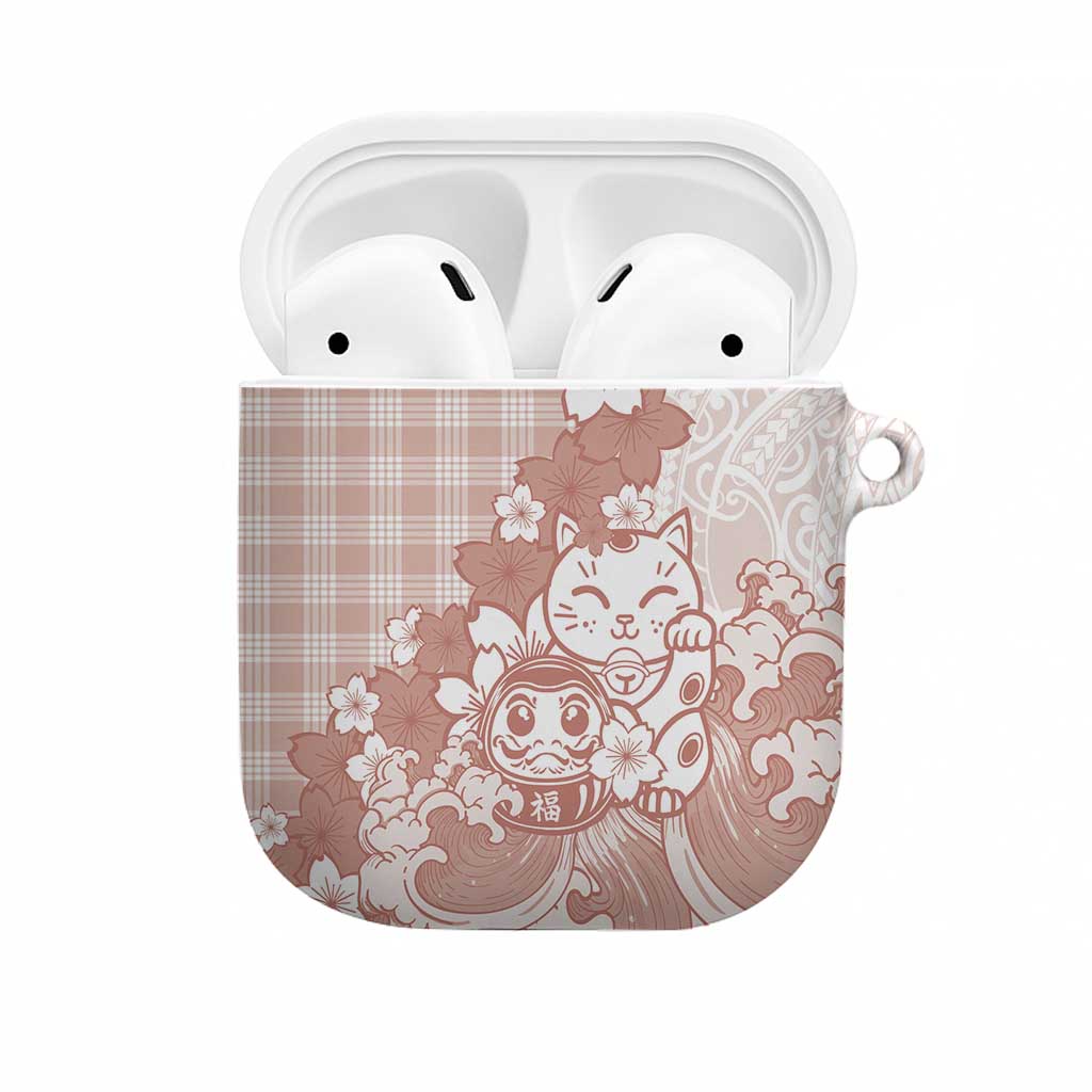 Beige Palaka Hawaiian And Japanese AirPods Case Maneki Neko And Sakura Bloom DT05 Beige - Polynesian Pride