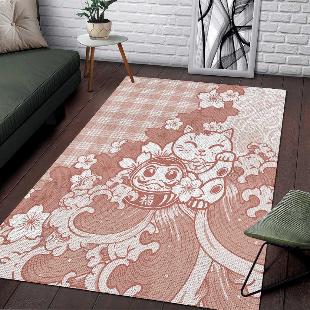 Beige Palaka Hawaiian And Japanese Area Rug Maneki Neko And Sakura Bloom