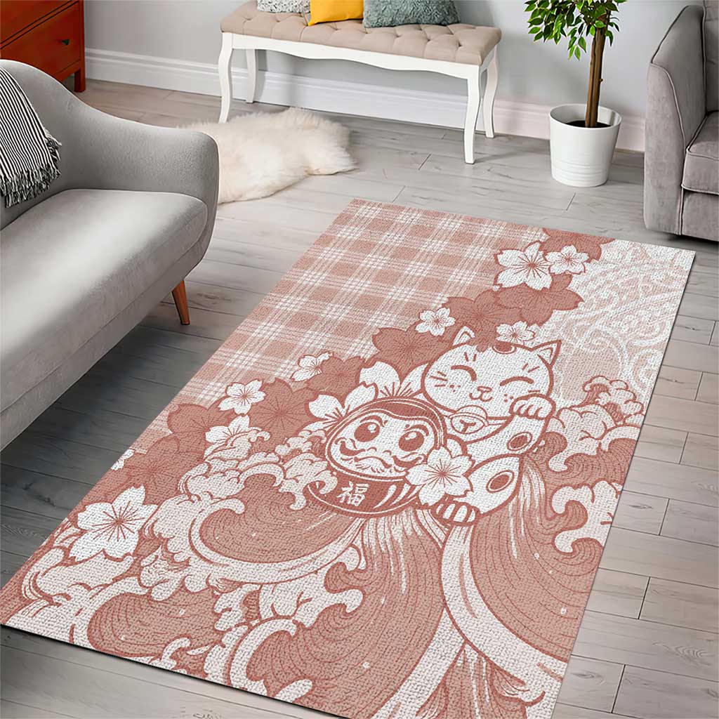 Beige Palaka Hawaiian And Japanese Area Rug Maneki Neko And Sakura Bloom