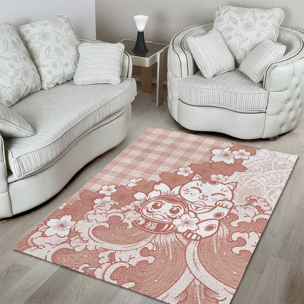 Beige Palaka Hawaiian And Japanese Area Rug Maneki Neko And Sakura Bloom