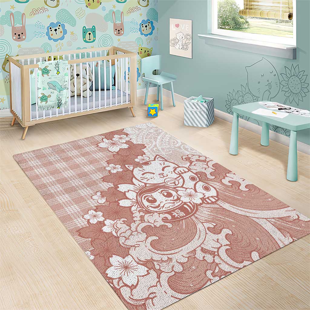 Beige Palaka Hawaiian And Japanese Area Rug Maneki Neko And Sakura Bloom