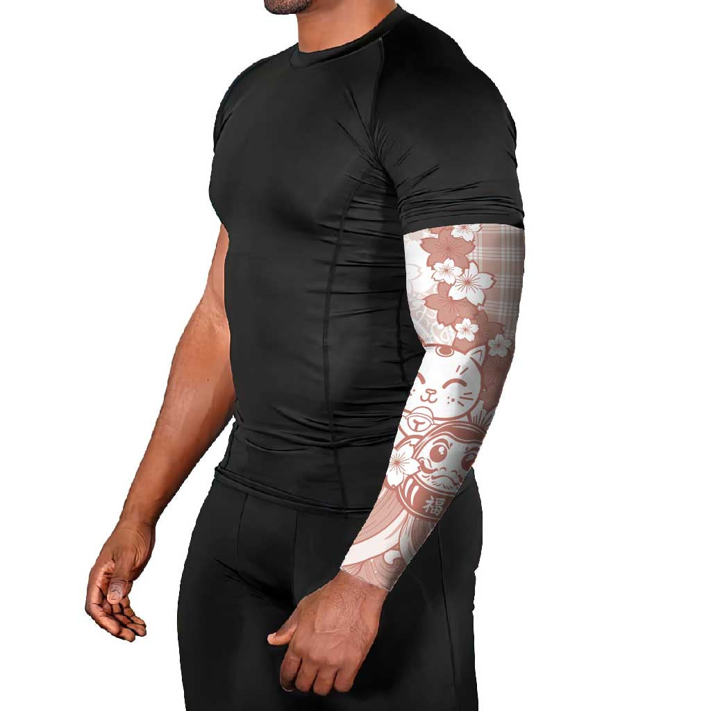 Beige Palaka Hawaiian And Japanese Arm Sleeves Maneki Neko And Sakura Bloom DT05 - Polynesian Pride