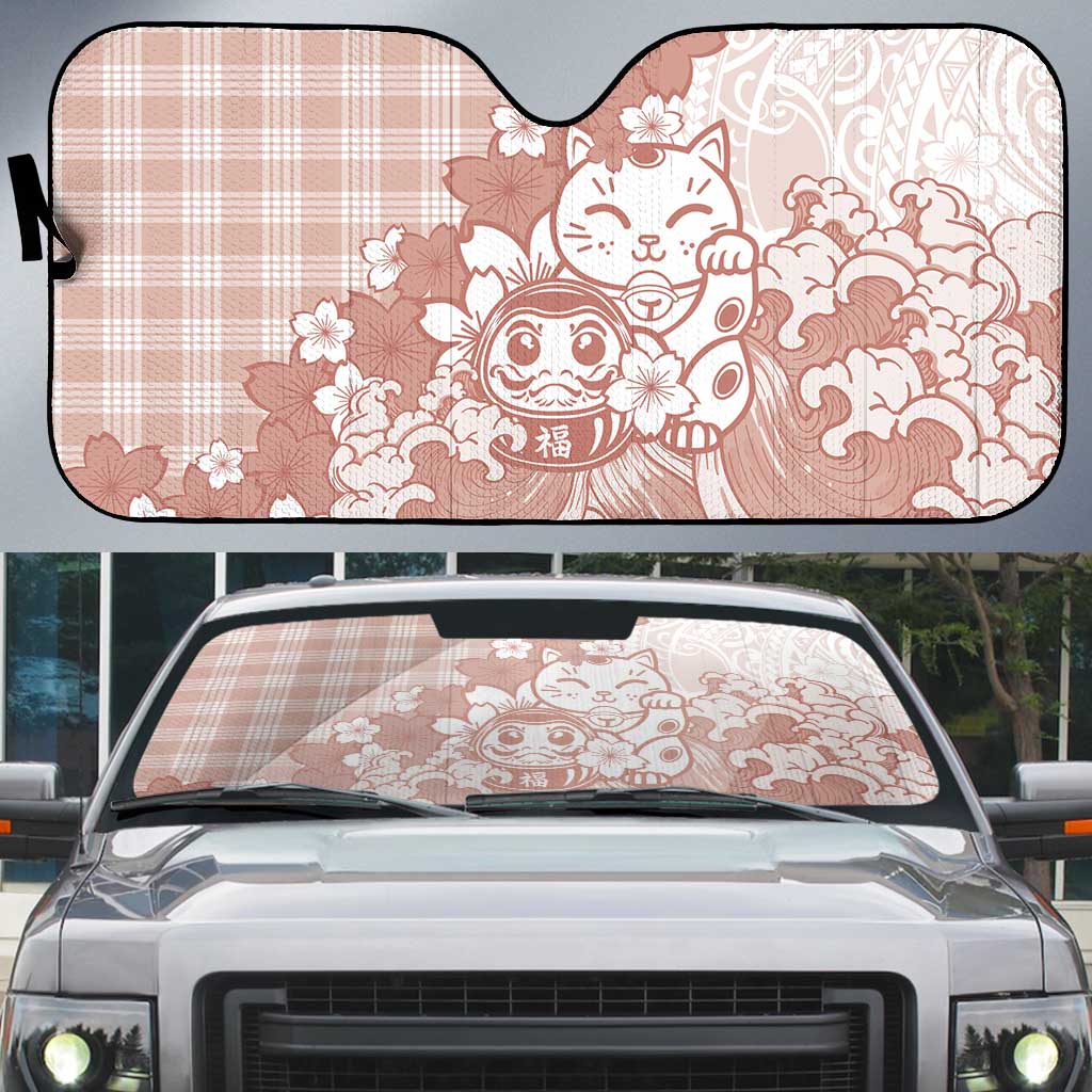 Beige Palaka Hawaiian And Japanese Auto Sun Shade Maneki Neko And Sakura Bloom