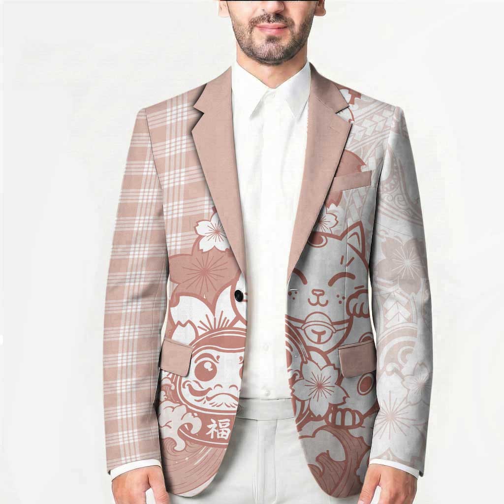 Beige Palaka Hawaiian And Japanese Blazer Maneki Neko And Sakura Bloom DT05 - Polynesian Pride