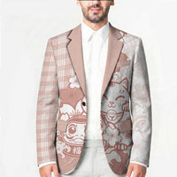 Beige Palaka Hawaiian And Japanese Blazer Maneki Neko And Sakura Bloom DT05 - Polynesian Pride