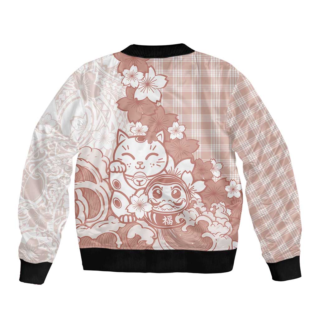 Beige Palaka Hawaiian And Japanese Bomber Jacket Maneki Neko And Sakura Bloom DT05 - Polynesian Pride