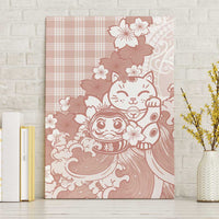 Beige Palaka Hawaiian And Japanese Canvas Wall Art Maneki Neko And Sakura Bloom