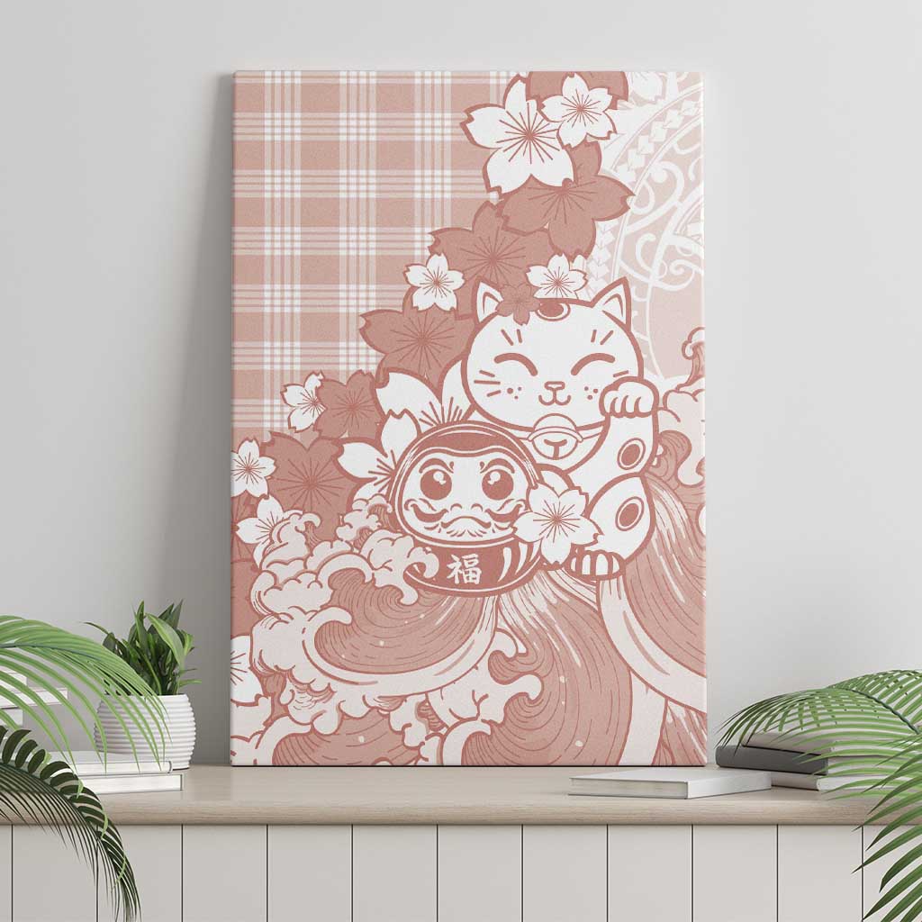 Beige Palaka Hawaiian And Japanese Canvas Wall Art Maneki Neko And Sakura Bloom
