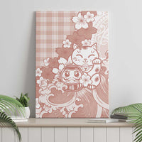 Beige Palaka Hawaiian And Japanese Canvas Wall Art Maneki Neko And Sakura Bloom