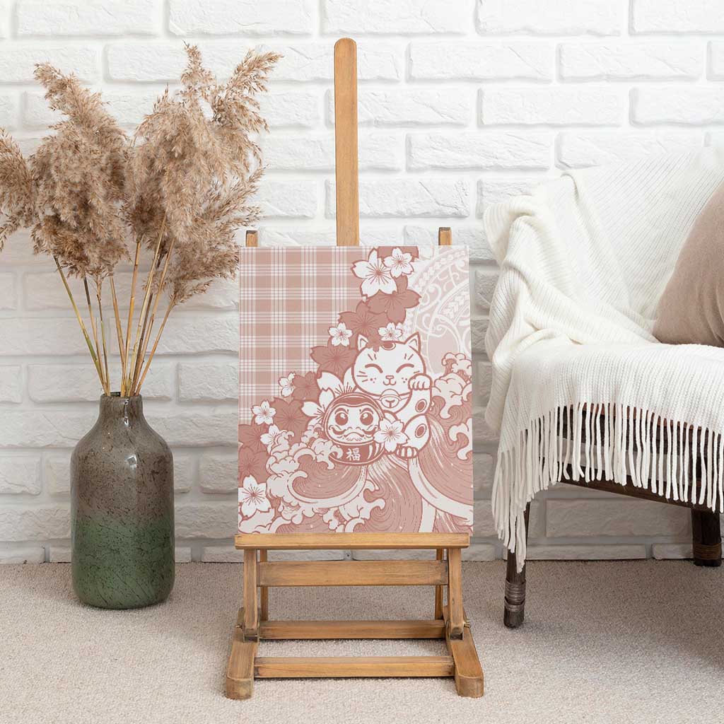 Beige Palaka Hawaiian And Japanese Canvas Wall Art Maneki Neko And Sakura Bloom