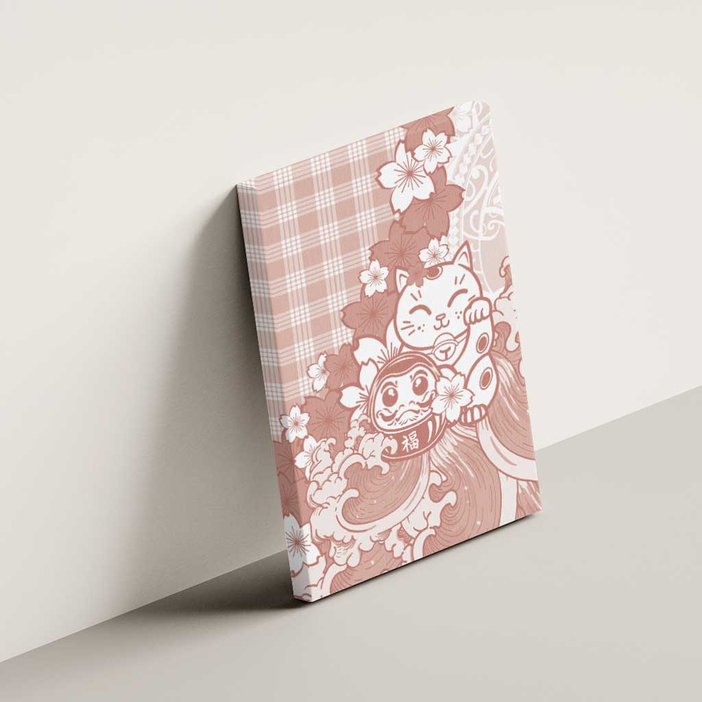 Beige Palaka Hawaiian And Japanese Canvas Wall Art Maneki Neko And Sakura Bloom