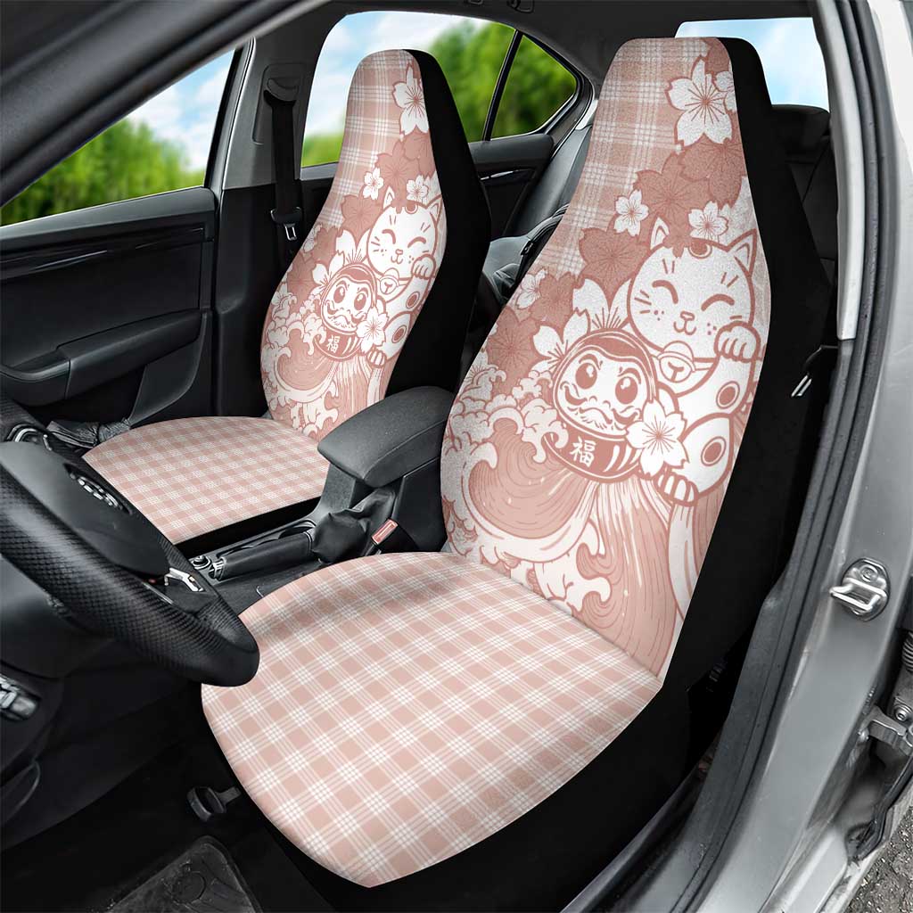 Beige Palaka Hawaiian And Japanese Car Seat Cover Maneki Neko And Sakura Bloom DT05 - Polynesian Pride