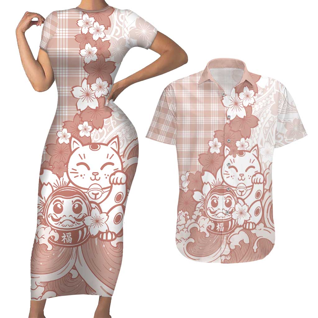 Beige Palaka Hawaiian And Japanese Couples Matching Short Sleeve Bodycon Dress and Hawaiian Shirt Maneki Neko And Sakura Bloom
