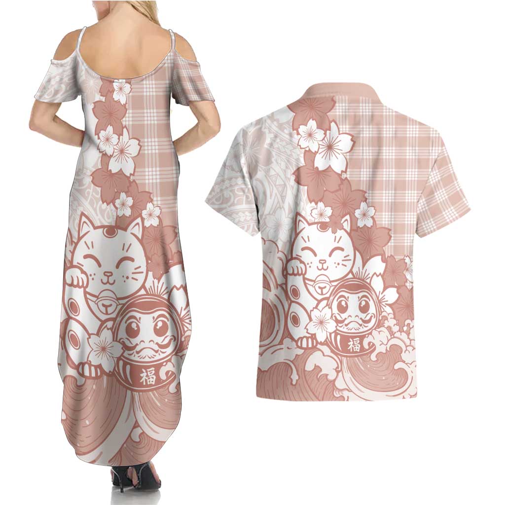 Beige Palaka Hawaiian And Japanese Couples Matching Summer Maxi Dress and Hawaiian Shirt Maneki Neko And Sakura Bloom