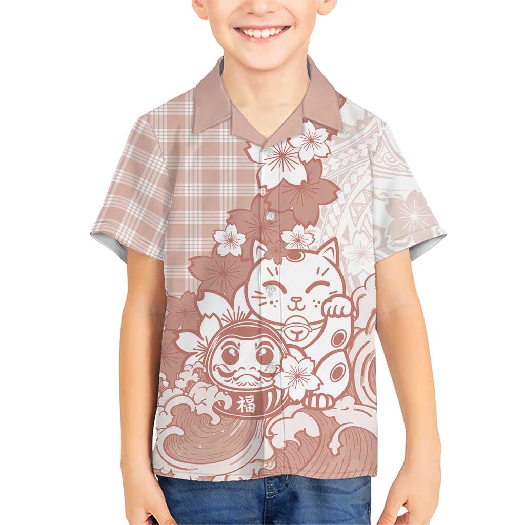 Beige Palaka Hawaiian And Japanese Family Matching Long Sleeve Bodycon Dress and Hawaiian Shirt Maneki Neko And Sakura Bloom DT05 Son's Shirt Beige - Polynesian Pride
