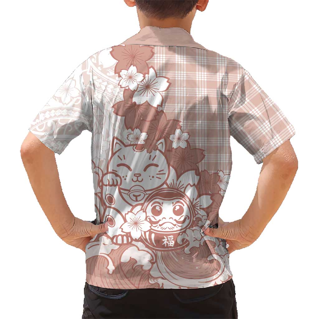 Beige Palaka Hawaiian And Japanese Family Matching Off The Shoulder Long Sleeve Dress and Hawaiian Shirt Maneki Neko And Sakura Bloom DT05 - Polynesian Pride