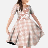 Beige Palaka Hawaiian And Japanese Family Matching Off The Shoulder Long Sleeve Dress and Hawaiian Shirt Maneki Neko And Sakura Bloom DT05 Daughter's Dress Beige - Polynesian Pride