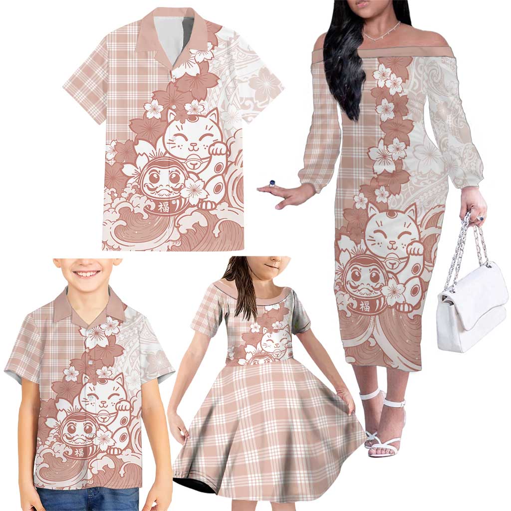 Beige Palaka Hawaiian And Japanese Family Matching Off The Shoulder Long Sleeve Dress and Hawaiian Shirt Maneki Neko And Sakura Bloom DT05 - Polynesian Pride