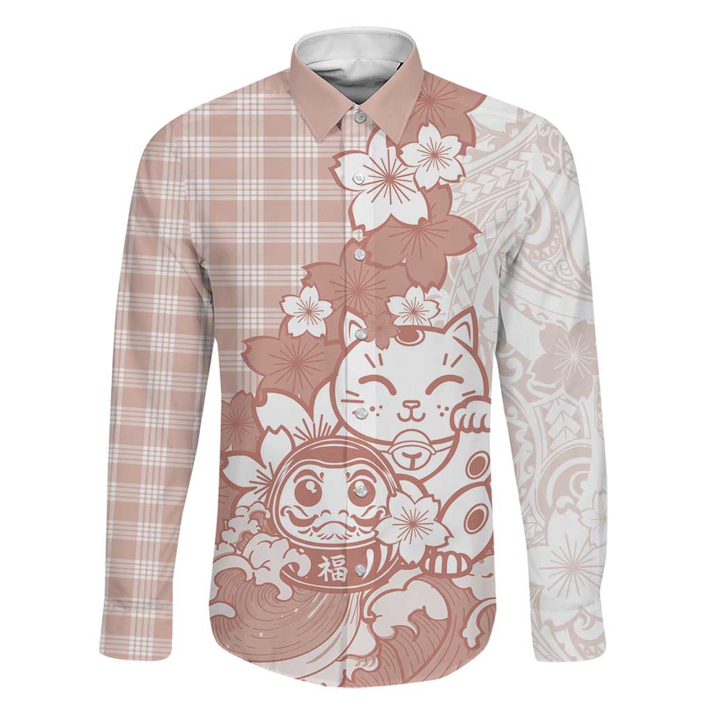 Beige Palaka Hawaiian And Japanese Family Matching Off The Shoulder Long Sleeve Dress and Hawaiian Shirt Maneki Neko And Sakura Bloom DT05 Dad's Shirt - Long Sleeve Beige - Polynesian Pride