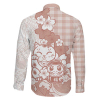 Beige Palaka Hawaiian And Japanese Family Matching Off Shoulder Maxi Dress and Hawaiian Shirt Maneki Neko And Sakura Bloom DT05 - Polynesian Pride
