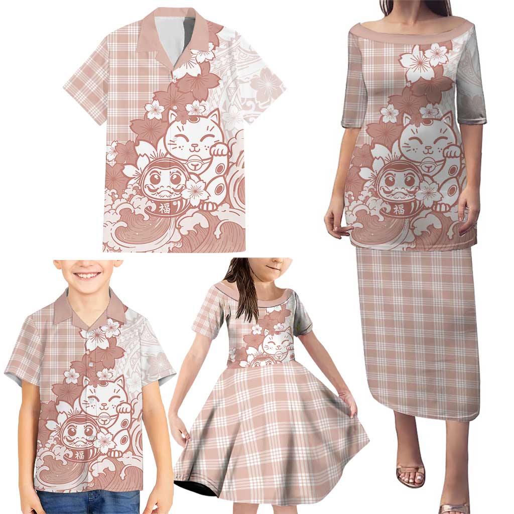 Beige Palaka Hawaiian And Japanese Family Matching Puletasi and Hawaiian Shirt Maneki Neko And Sakura Bloom DT05 - Polynesian Pride