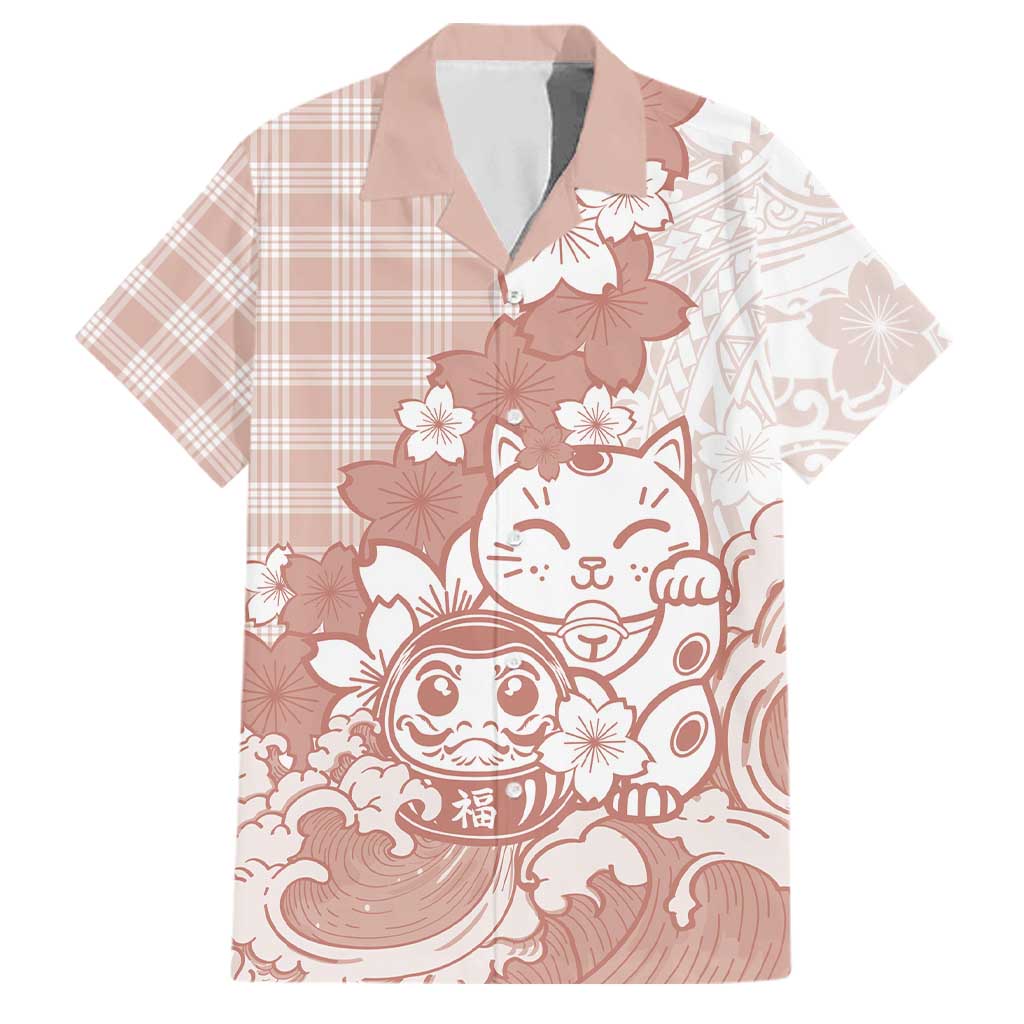 Beige Palaka Hawaiian And Japanese Family Matching Short Sleeve Bodycon Dress and Hawaiian Shirt Maneki Neko And Sakura Bloom DT05 Dad's Shirt - Short Sleeve Beige - Polynesian Pride