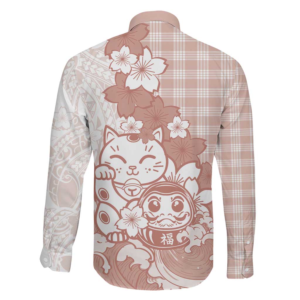 Beige Palaka Hawaiian And Japanese Family Matching Short Sleeve Bodycon Dress and Hawaiian Shirt Maneki Neko And Sakura Bloom DT05 - Polynesian Pride