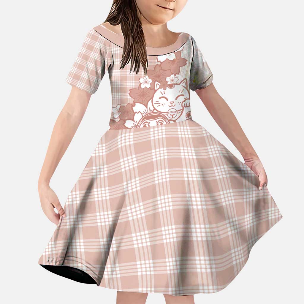 Beige Palaka Hawaiian And Japanese Family Matching Summer Maxi Dress and Hawaiian Shirt Maneki Neko And Sakura Bloom DT05 Daughter's Dress Beige - Polynesian Pride