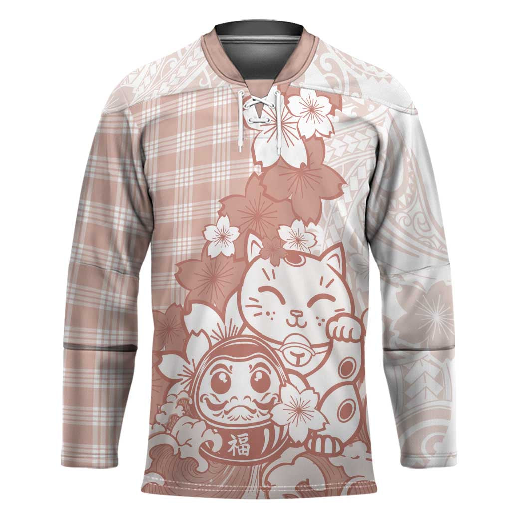 Beige Palaka Hawaiian And Japanese Hockey Jersey Maneki Neko And Sakura Bloom