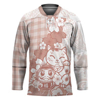 Beige Palaka Hawaiian And Japanese Hockey Jersey Maneki Neko And Sakura Bloom