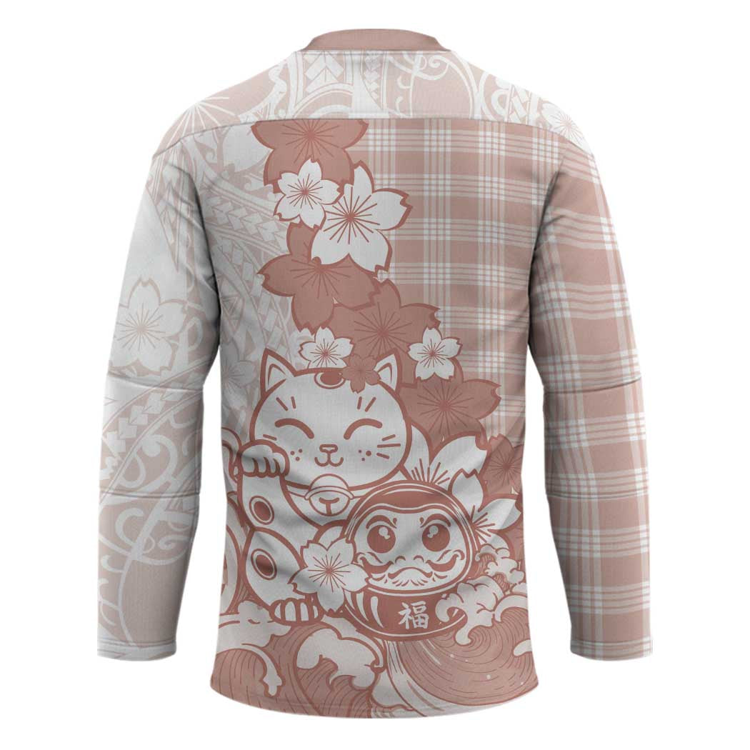 Beige Palaka Hawaiian And Japanese Hockey Jersey Maneki Neko And Sakura Bloom