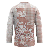 Beige Palaka Hawaiian And Japanese Hockey Jersey Maneki Neko And Sakura Bloom