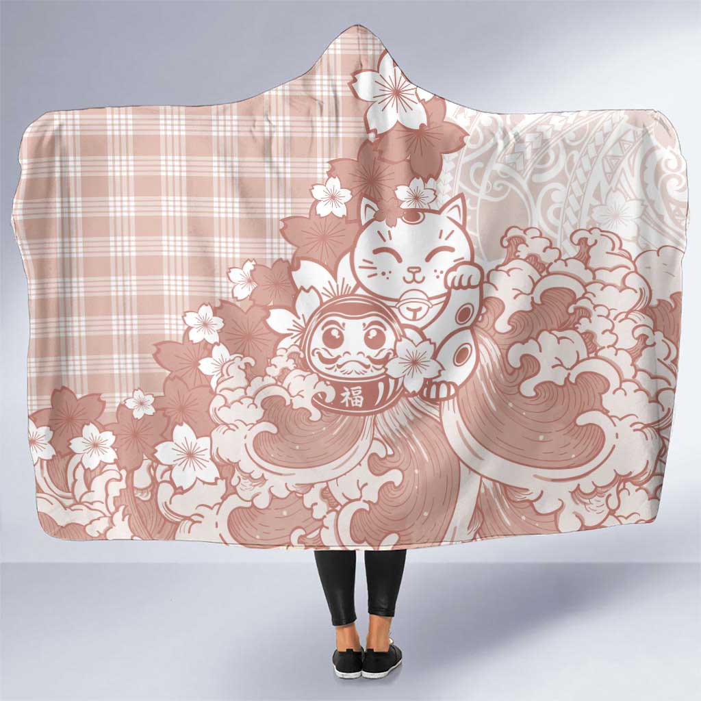 Beige Palaka Hawaiian And Japanese Hooded Blanket Maneki Neko And Sakura Bloom