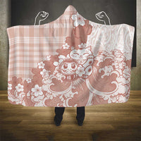 Beige Palaka Hawaiian And Japanese Hooded Blanket Maneki Neko And Sakura Bloom