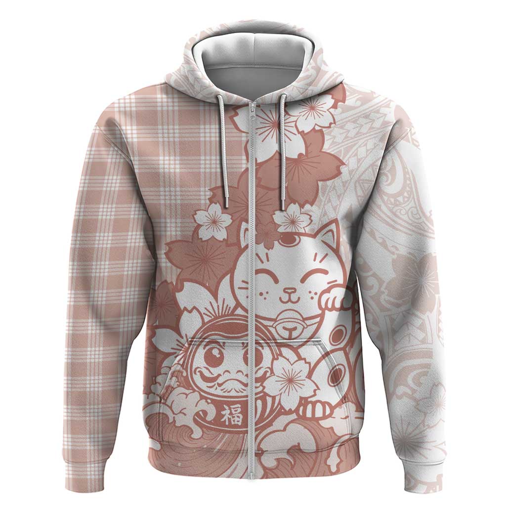 Beige Palaka Hawaiian And Japanese Hoodie Maneki Neko And Sakura Bloom DT05 Zip Hoodie Beige - Polynesian Pride