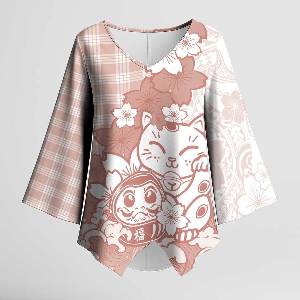 Beige Palaka Hawaiian And Japanese Kimono Sleeve Blouse Maneki Neko And Sakura Bloom