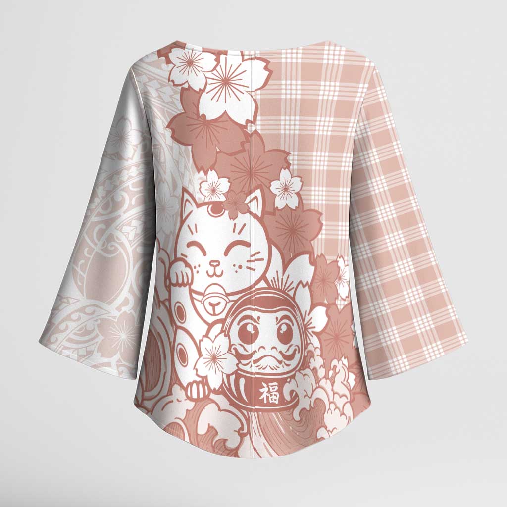 Beige Palaka Hawaiian And Japanese Kimono Sleeve Blouse Maneki Neko And Sakura Bloom