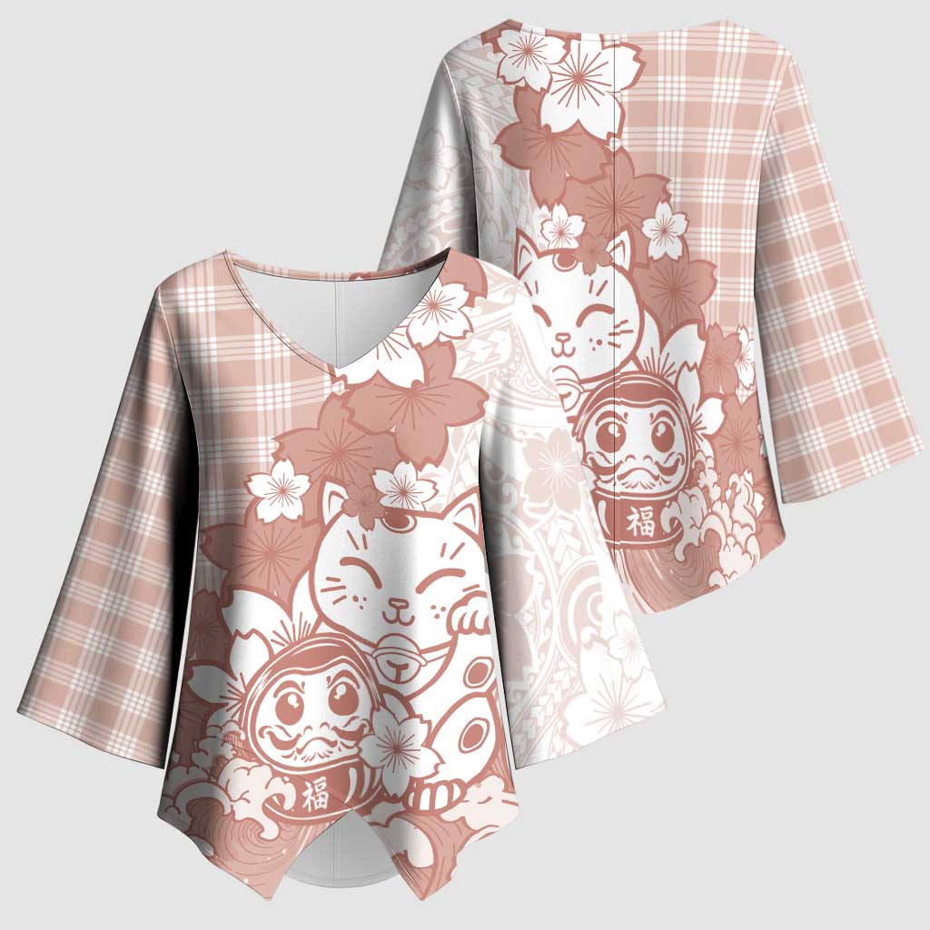 Beige Palaka Hawaiian And Japanese Kimono Sleeve Blouse Maneki Neko And Sakura Bloom