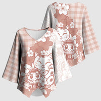 Beige Palaka Hawaiian And Japanese Kimono Sleeve Blouse Maneki Neko And Sakura Bloom