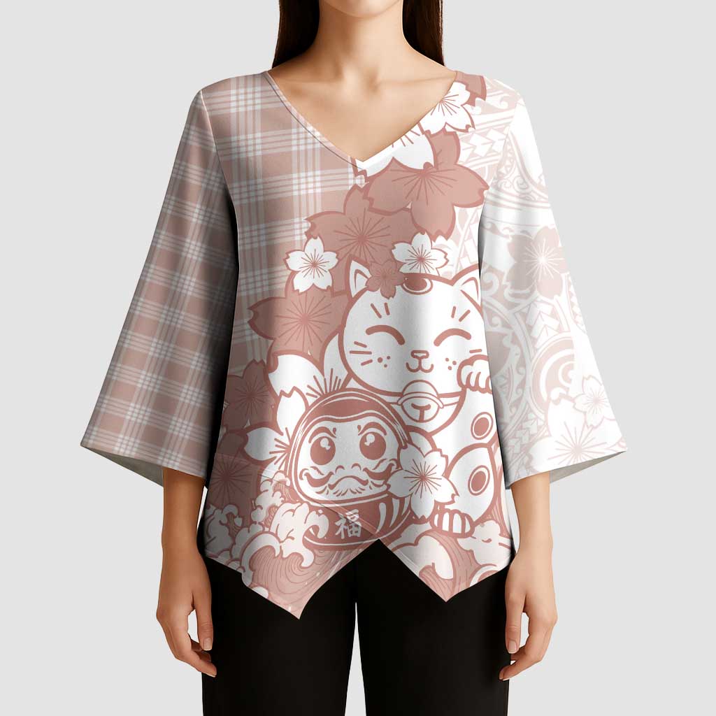 Beige Palaka Hawaiian And Japanese Kimono Sleeve Blouse Maneki Neko And Sakura Bloom