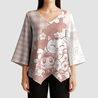 Beige Palaka Hawaiian And Japanese Kimono Sleeve Blouse Maneki Neko And Sakura Bloom