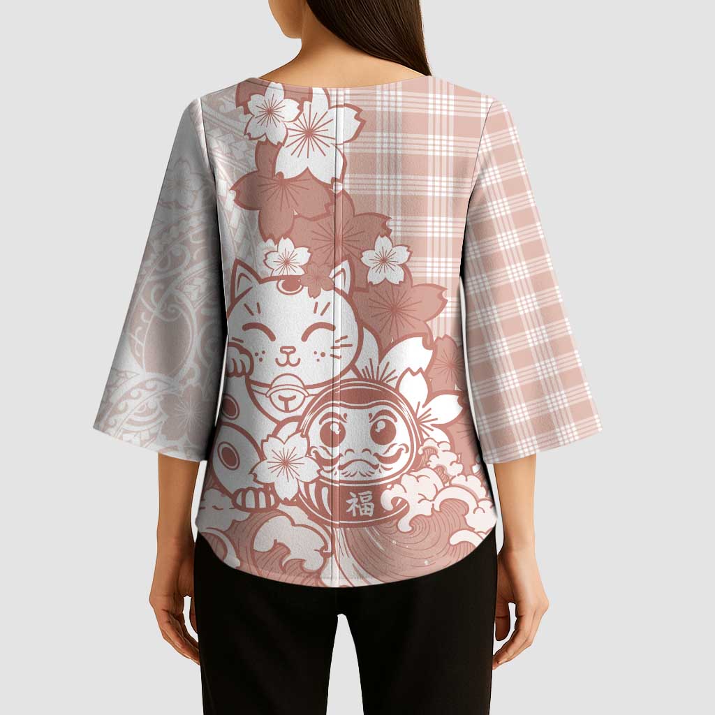 Beige Palaka Hawaiian And Japanese Kimono Sleeve Blouse Maneki Neko And Sakura Bloom