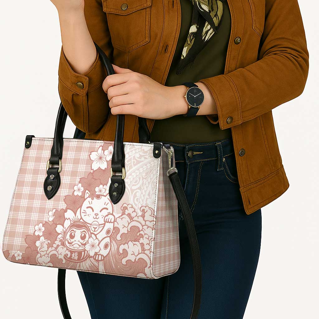 Beige Palaka Hawaiian And Japanese Leather Bag Maneki Neko And Sakura Bloom DT05 - Polynesian Pride