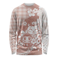Beige Palaka Hawaiian And Japanese Long Sleeve Shirt Maneki Neko And Sakura Bloom