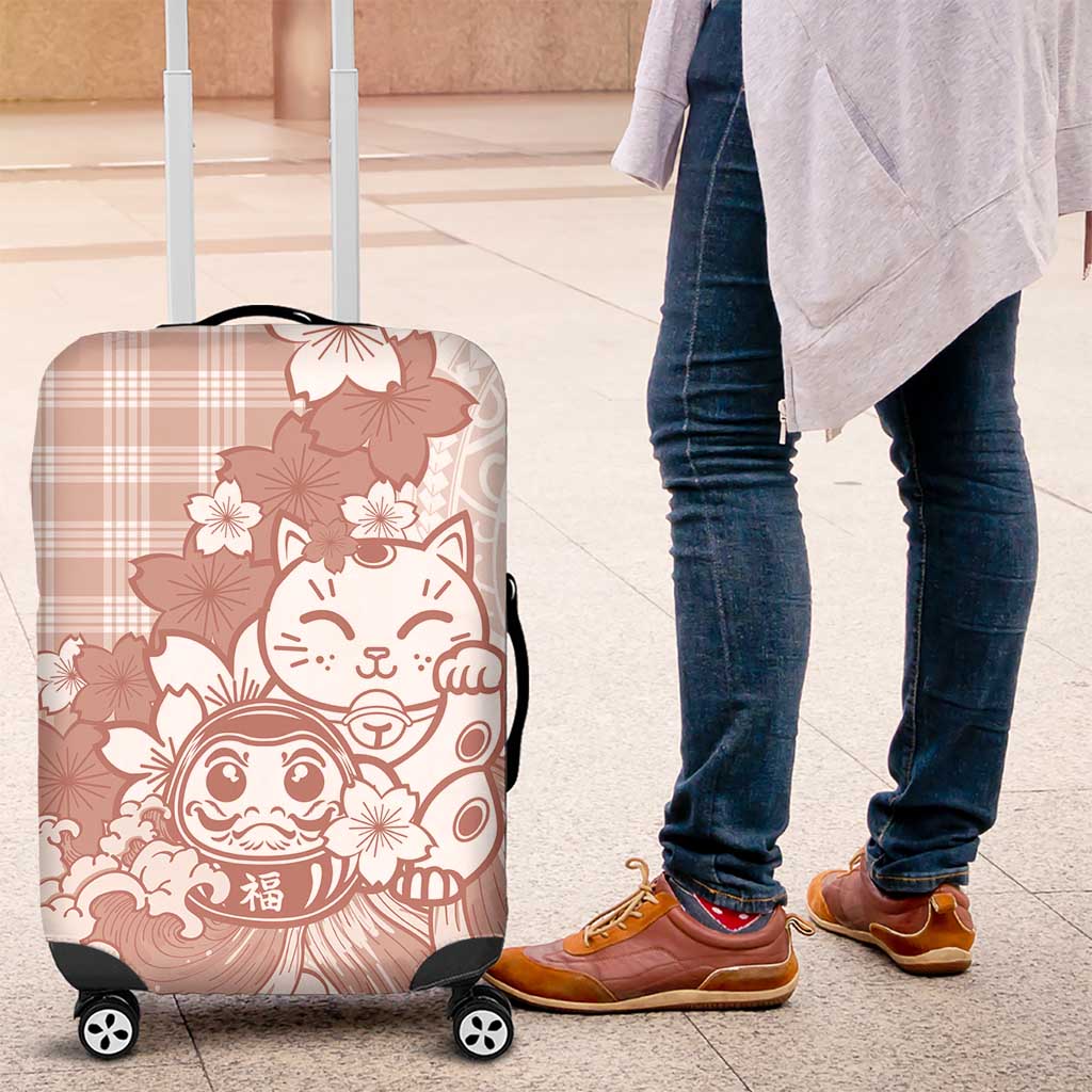 Beige Palaka Hawaiian And Japanese Luggage Cover Maneki Neko And Sakura Bloom