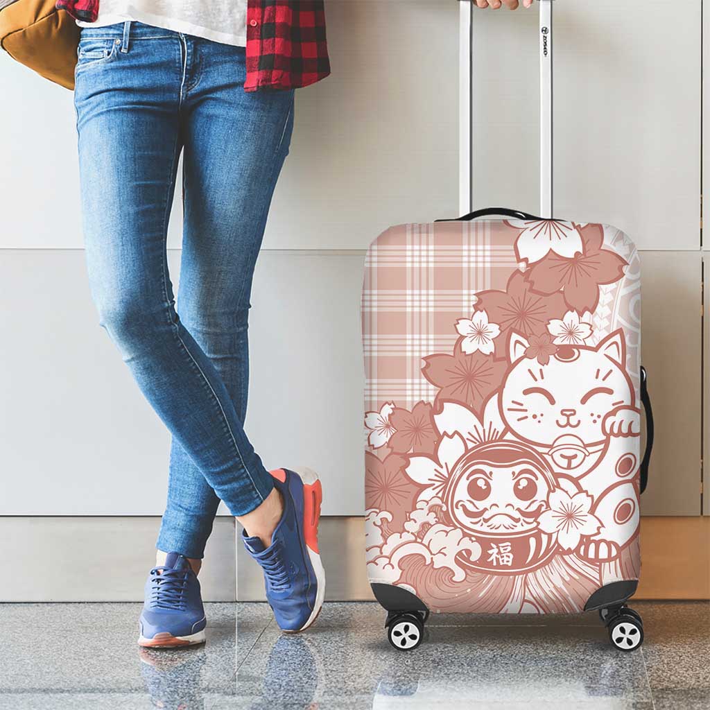 Beige Palaka Hawaiian And Japanese Luggage Cover Maneki Neko And Sakura Bloom