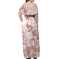 Beige Palaka Hawaiian And Japanese Off Shoulder Maxi Dress Maneki Neko And Sakura Bloom DT05 - Polynesian Pride