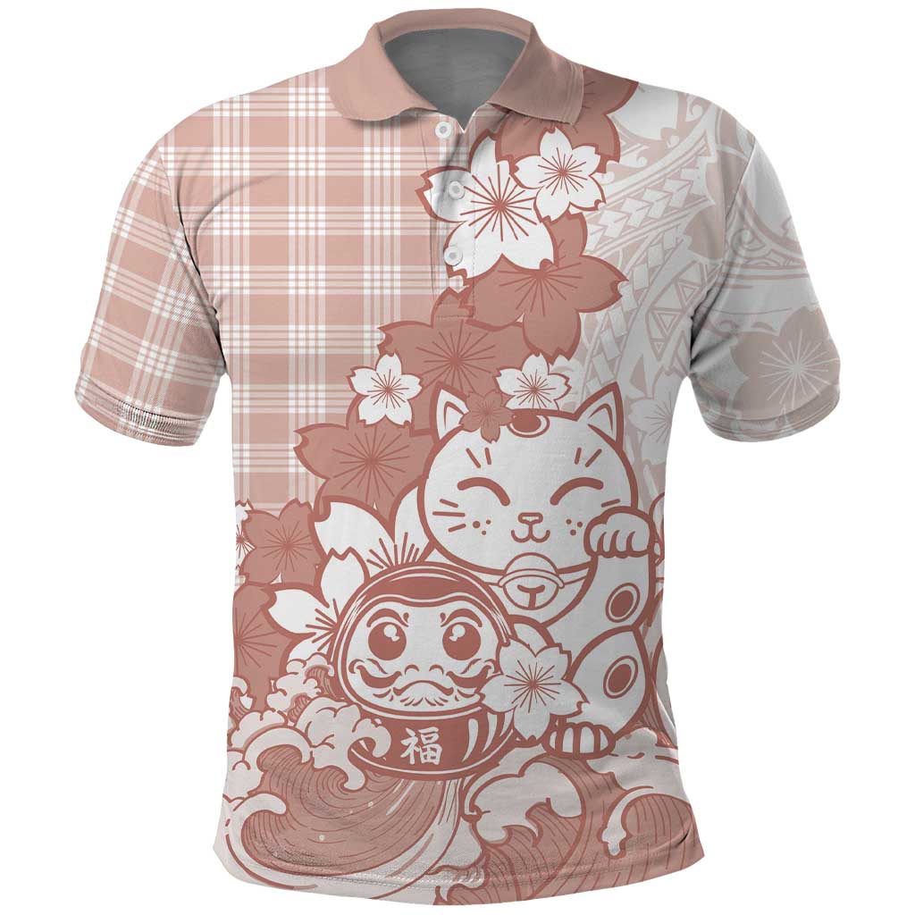 Beige Palaka Hawaiian And Japanese Polo Shirt Maneki Neko And Sakura Bloom