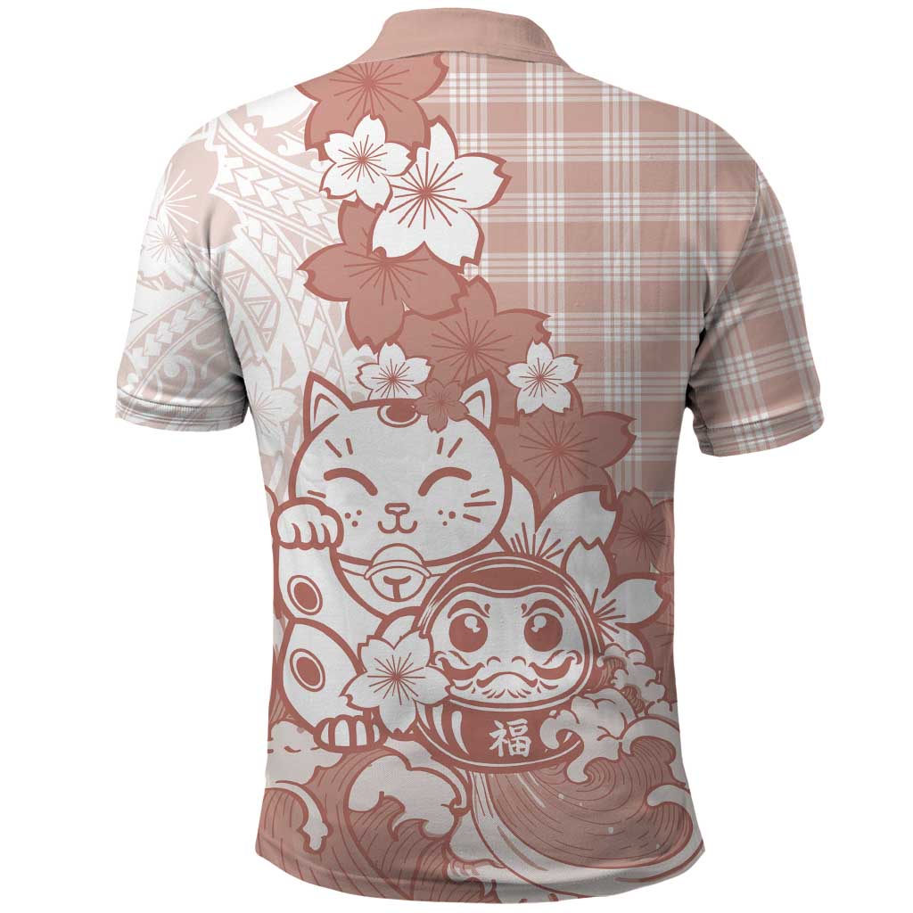 Beige Palaka Hawaiian And Japanese Polo Shirt Maneki Neko And Sakura Bloom