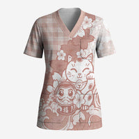 Beige Palaka Hawaiian And Japanese Scrub Top Maneki Neko And Sakura Bloom